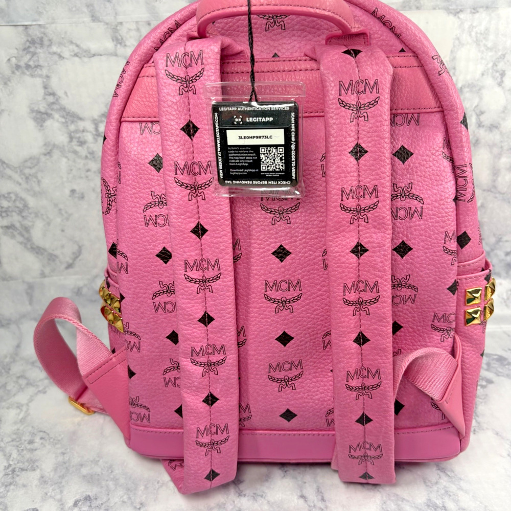 MCM Pink Monogram Gold Stud Leather Stark Backpack Laptop School Bag Comfort - Picture 6 of 16